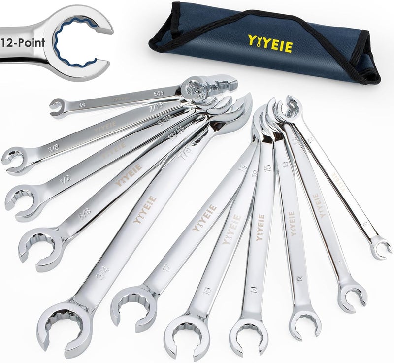 YIYEIE 12-Point Flare Nut Wrench Set Metric & SAE, 8mm-19mm & 1/4"-7/8", 11PCS Offset Line Wrench Set for Brake, Fuel and Tubing, CR-V Steel, Double Open End with Organizer Pouch for Removing Nuts - Image 1